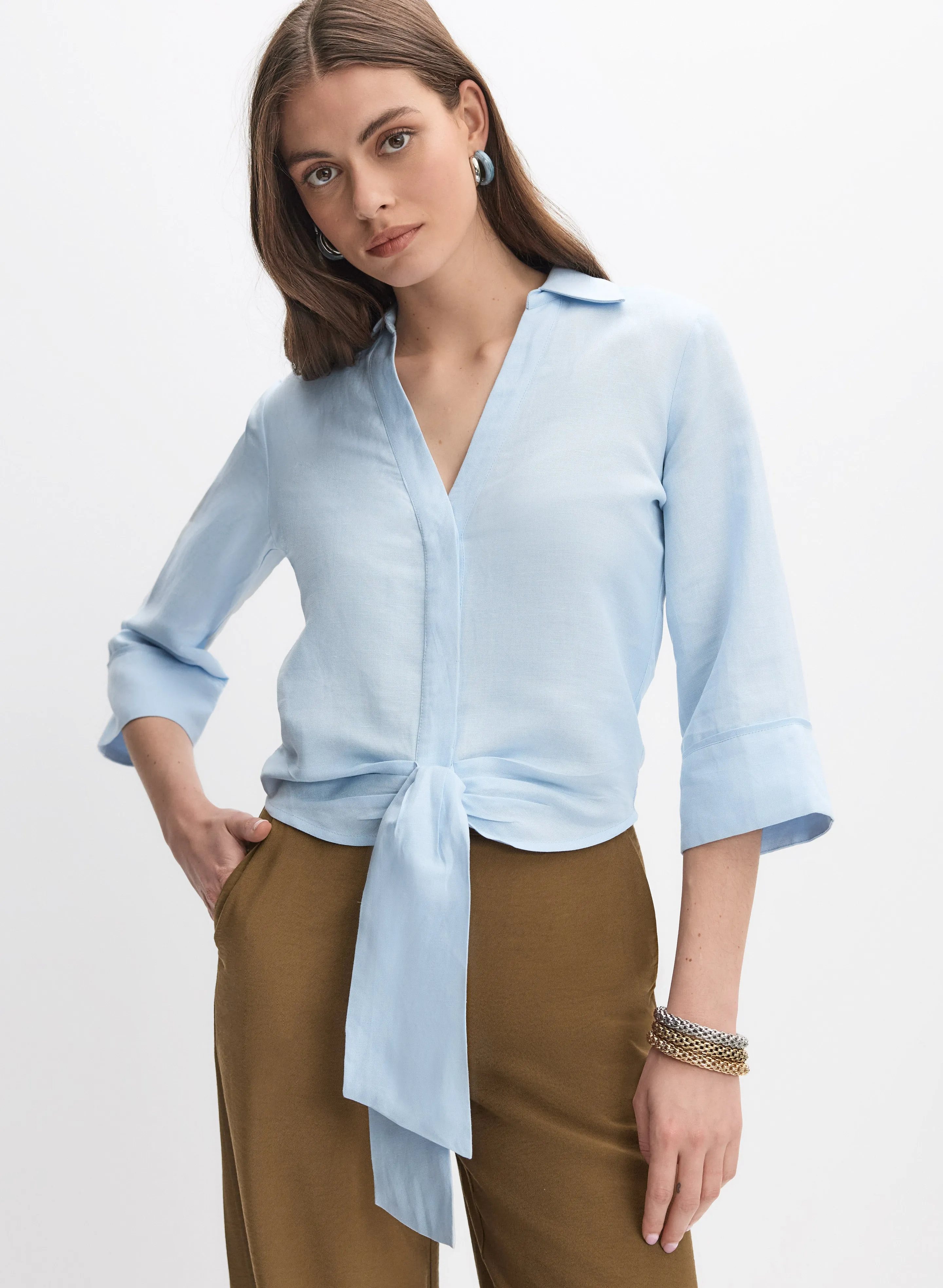 Melanie Lyne Linen-Blend Tie-Front Blouse Melanie Lyne Linen-Blend Tie-Front Blouse - Image 1