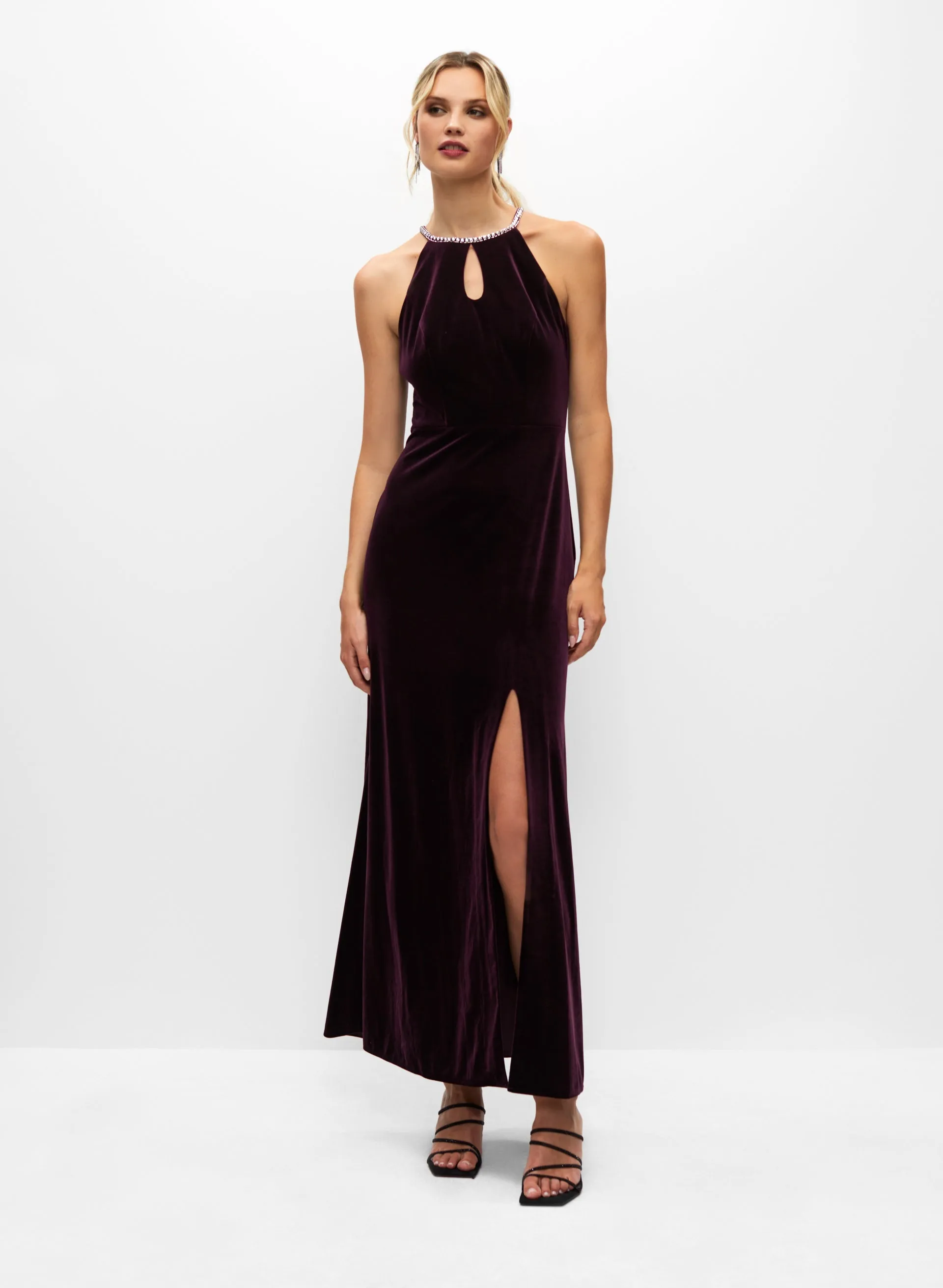 Melanie Lyne Stretch Velvet Crystal Halter Dress Melanie Lyne Stretch Velvet Crystal Halter Dress - Image 1