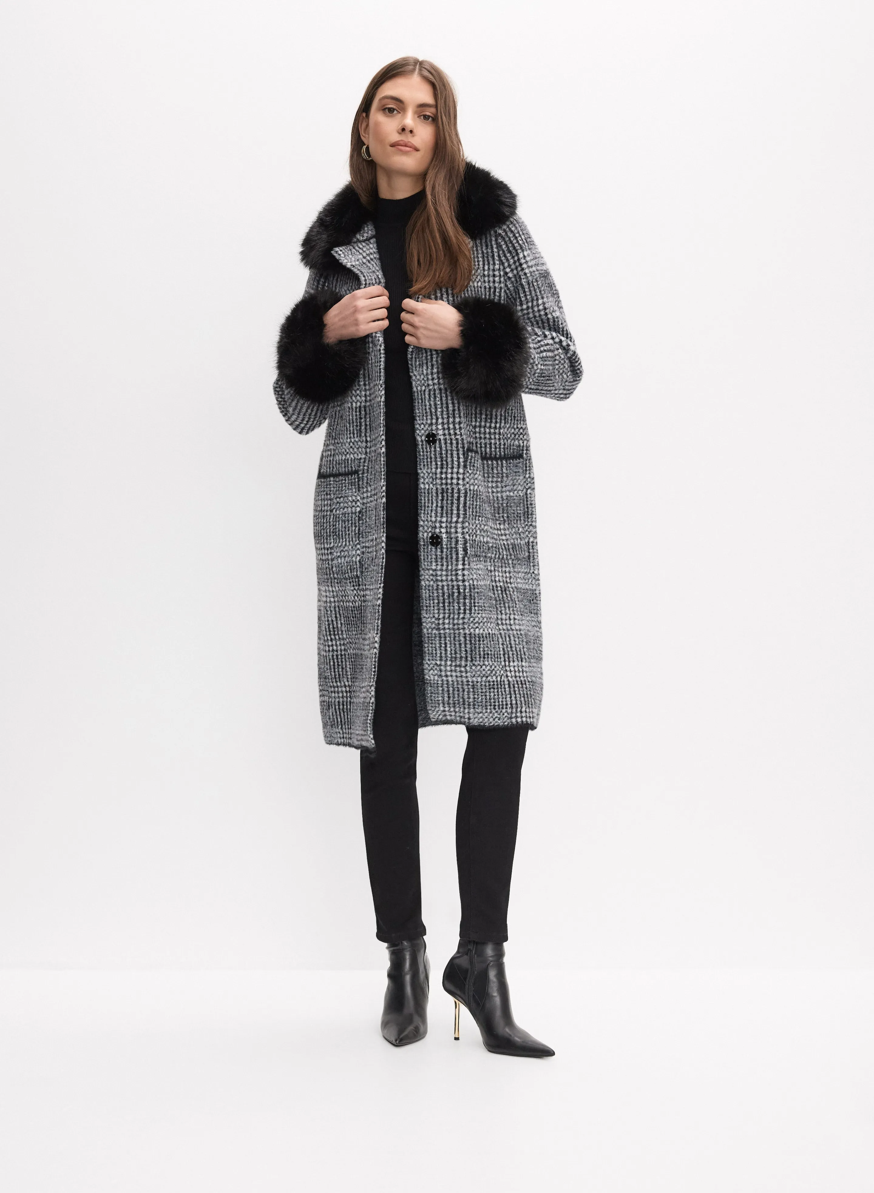Melanie Lyne Joseph Ribkoff - Plaid Faux-Fur Trim Coat Melanie Lyne Joseph Ribkoff - Plaid Faux-Fur Trim Coat - Image 1